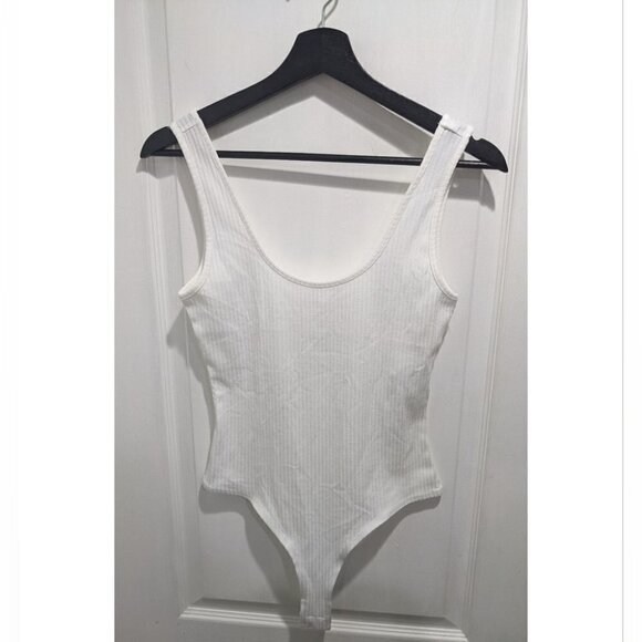 Avec Les Filles | Ribbed Scoop Neck Thong Bodysuit in White - Picture 4 of 10